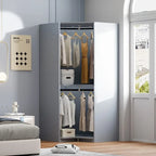Armoire d'angle polygonale blanche/grise avec 2 étagères, tringle à vêtements et 2 tiroirs