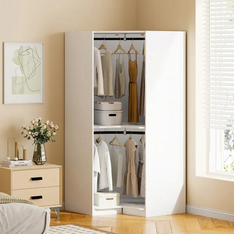 Armoire d'angle polygonale blanche/grise avec 2 étagères, tringle à vêtements et 2 tiroirs