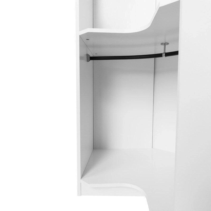 Armoire d'angle polygonale blanche/grise avec 2 étagères, tringle à vêtements et 2 tiroirs
