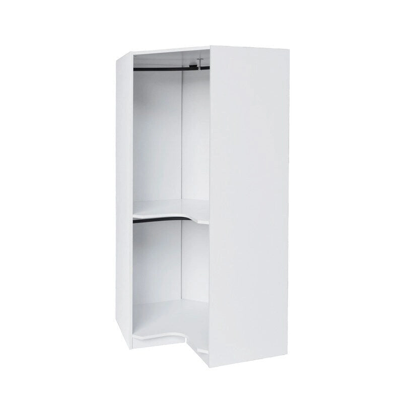 Armoire d'angle polygonale blanche/grise avec 2 étagères, tringle à vêtements et 2 tiroirs