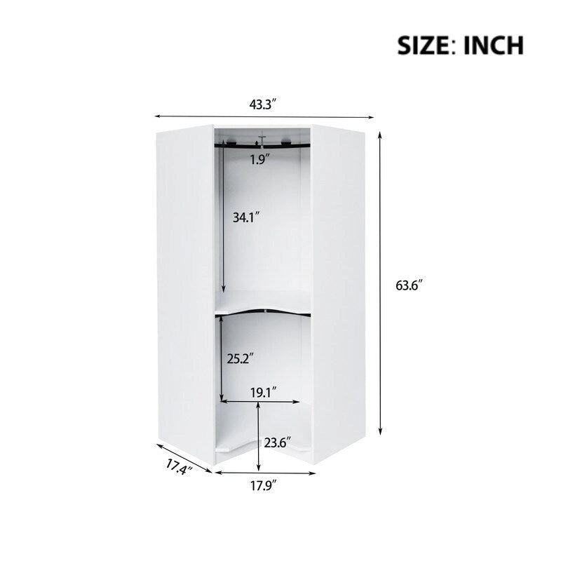 Armoire d'angle polygonale blanche/grise avec 2 étagères, tringle à vêtements et 2 tiroirs