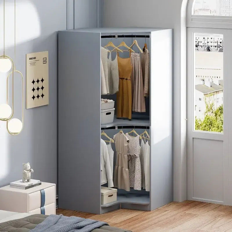 Armoire d'angle polygonale blanche/grise avec 2 étagères, tringle à vêtements et 2 tiroirs