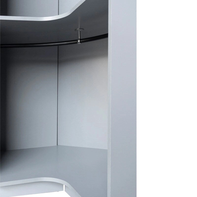 Armoire d'angle polygonale blanche/grise avec 2 étagères, tringle à vêtements et 2 tiroirs