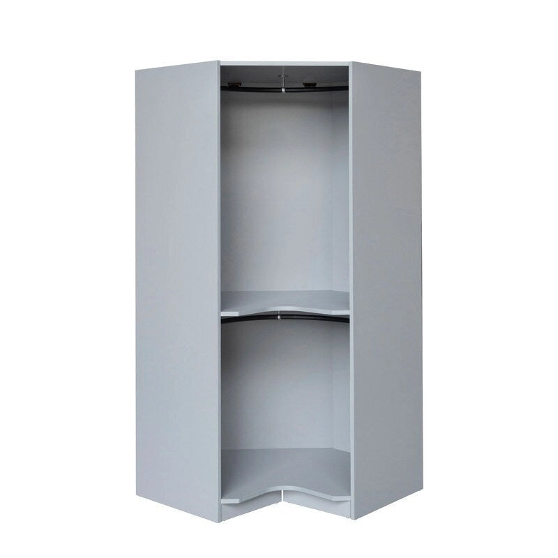 Armoire d'angle polygonale blanche/grise avec 2 étagères, tringle à vêtements et 2 tiroirs