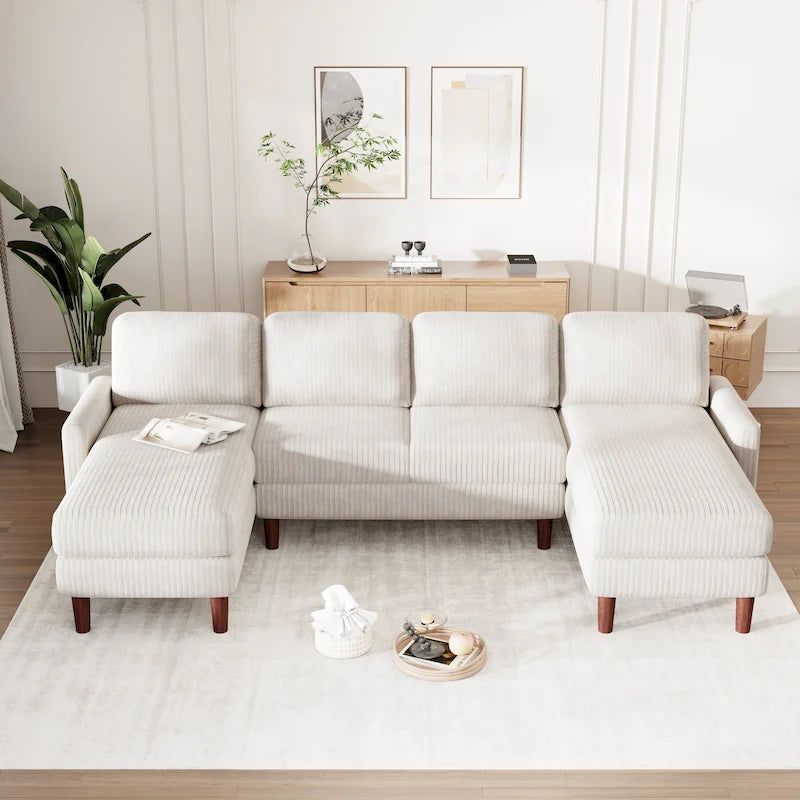 Canapé d'angle modulable 4 places en velours côtelé beige/gris de 261 cm avec pieds en bois massif