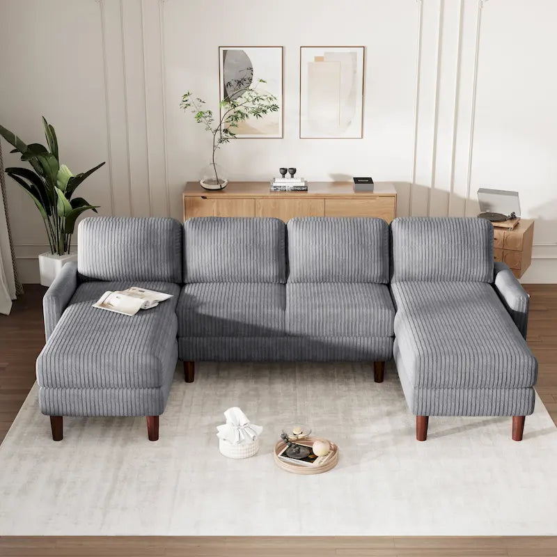 Canapé d'angle modulable 4 places en velours côtelé beige/gris de 261 cm avec pieds en bois massif