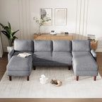 Canapé d'angle modulable 4 places en velours côtelé beige/gris de 261 cm avec pieds en bois massif