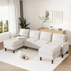 Canapé d'angle modulable 4 places en velours côtelé beige/gris de 261 cm avec pieds en bois massif