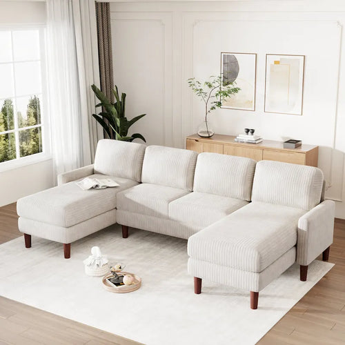 Canapé d'angle modulable 4 places en velours côtelé beige/gris de 261 cm avec pieds en bois massif
