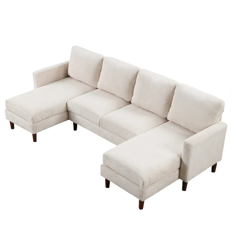 Canapé d'angle modulable 4 places en velours côtelé beige/gris de 261 cm avec pieds en bois massif
