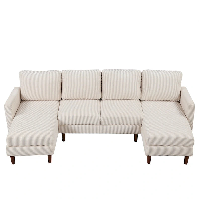 Canapé d'angle modulable 4 places en velours côtelé beige/gris de 261 cm avec pieds en bois massif
