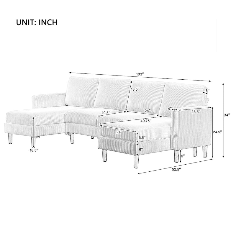 Canapé d'angle modulable 4 places en velours côtelé beige/gris de 261 cm avec pieds en bois massif