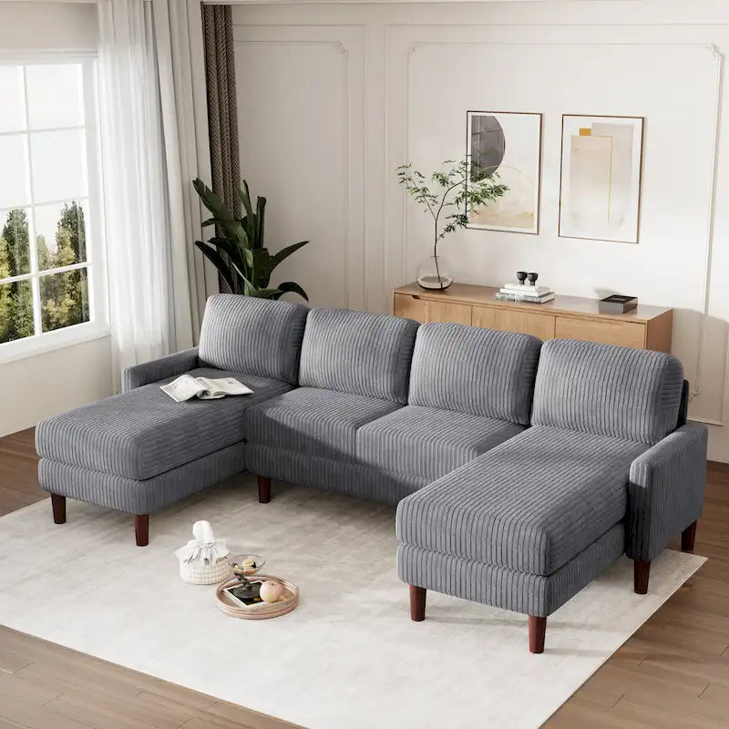Canapé d'angle modulable 4 places en velours côtelé beige/gris de 261 cm avec pieds en bois massif