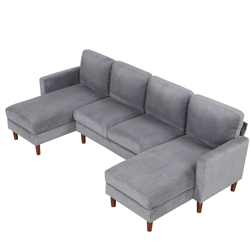 Canapé d'angle modulable 4 places en velours côtelé beige/gris de 261 cm avec pieds en bois massif