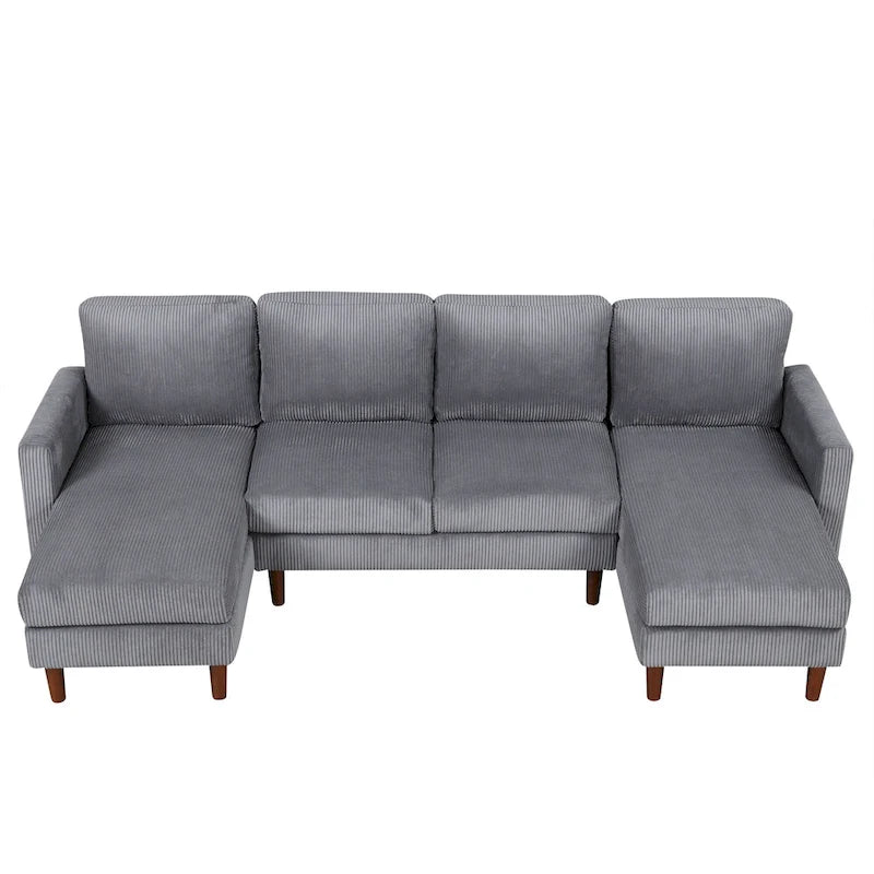 Canapé d'angle modulable 4 places en velours côtelé beige/gris de 261 cm avec pieds en bois massif