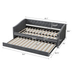 Lit de repos double rembourré gris clair/gris foncé avec dossier capitonné, garniture en laiton et lit gigogne – 1 personne