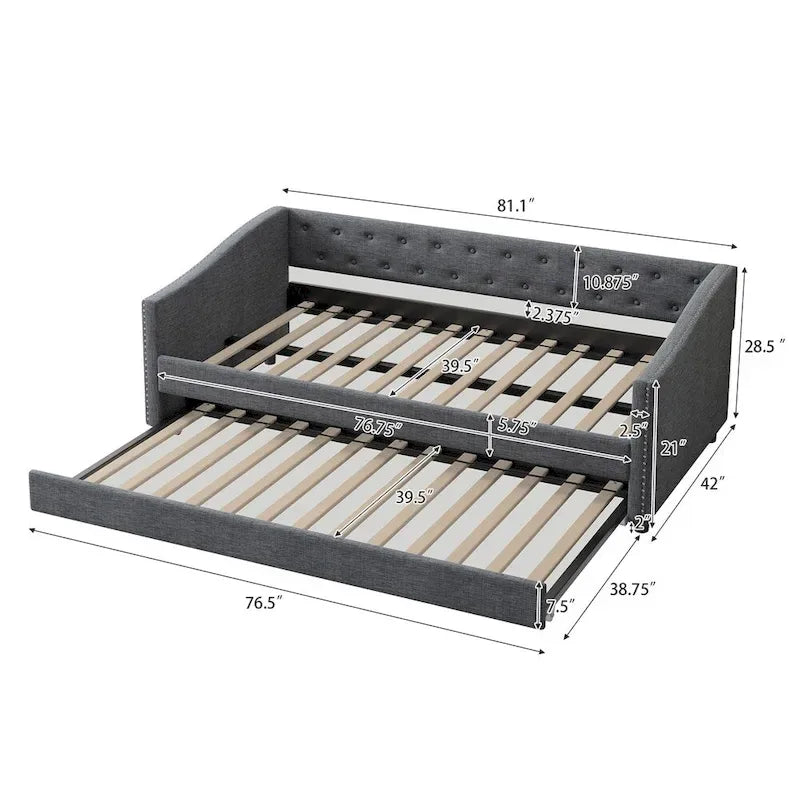 Lit de repos double rembourré gris clair/gris foncé avec dossier capitonné, garniture en laiton et lit gigogne – 1 personne