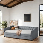 Lit de repos double rembourré gris clair/gris foncé avec dossier capitonné, garniture en laiton et lit gigogne – 1 personne