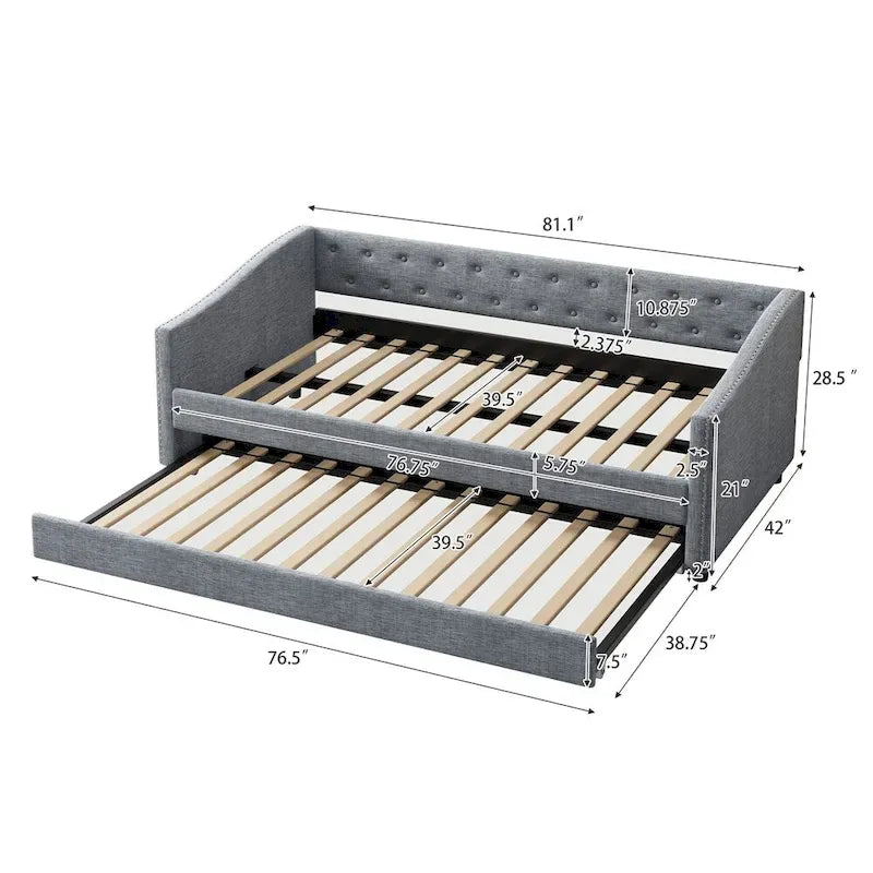 Lit de repos double rembourré gris clair/gris foncé avec dossier capitonné, garniture en laiton et lit gigogne – 1 personne