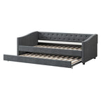 Lit de repos double rembourré gris clair/gris foncé avec dossier capitonné, garniture en laiton et lit gigogne – 1 personne