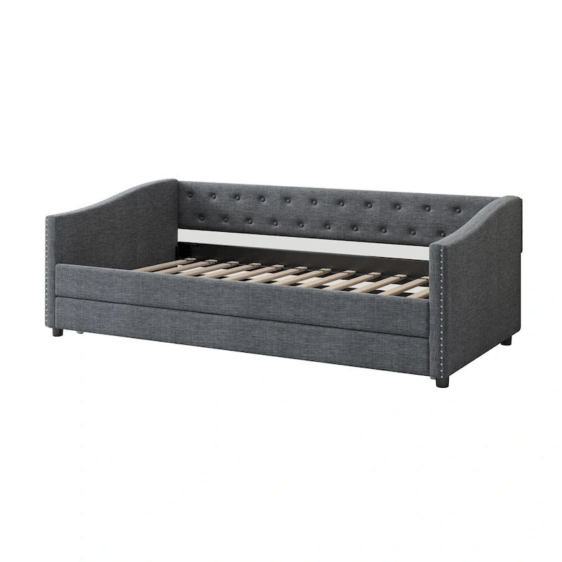 Lit de repos double rembourré gris clair/gris foncé avec dossier capitonné, garniture en laiton et lit gigogne – 1 personne