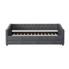 Lit de repos double rembourré gris clair/gris foncé avec dossier capitonné, garniture en laiton et lit gigogne – 1 personne