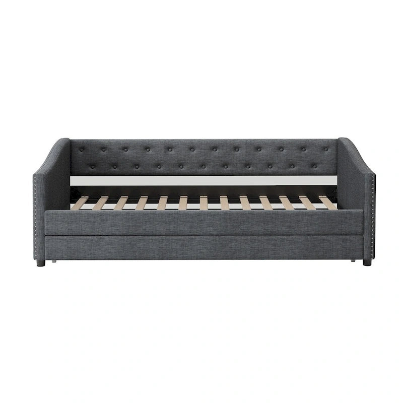 Lit de repos double rembourré gris clair/gris foncé avec dossier capitonné, garniture en laiton et lit gigogne – 1 personne