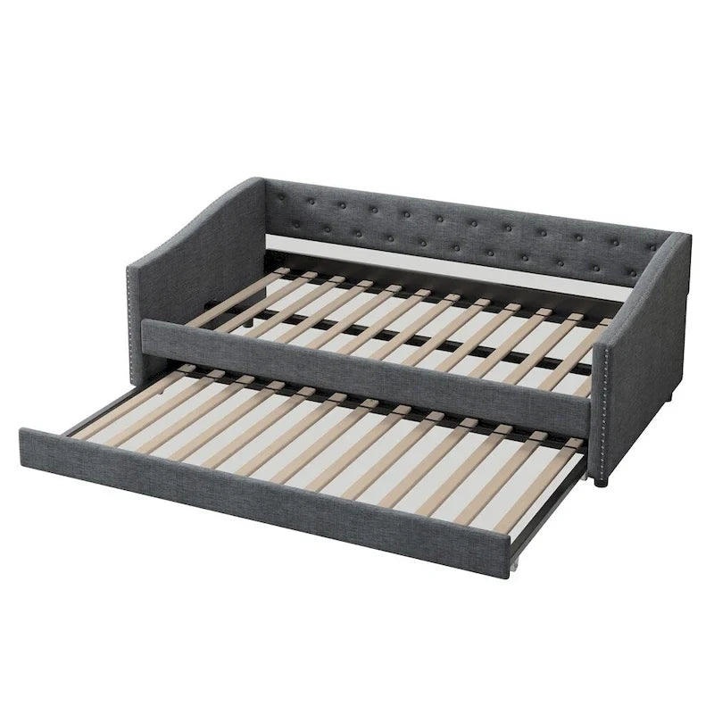Lit de repos double rembourré gris clair/gris foncé avec dossier capitonné, garniture en laiton et lit gigogne – 1 personne