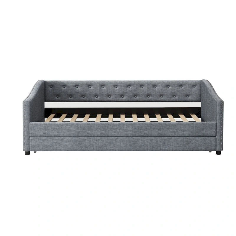 Lit de repos double rembourré gris clair/gris foncé avec dossier capitonné, garniture en laiton et lit gigogne – 1 personne
