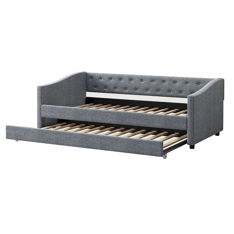Lit de repos double rembourré gris clair/gris foncé avec dossier capitonné, garniture en laiton et lit gigogne – 1 personne