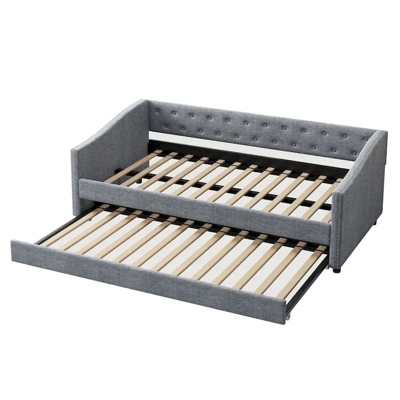 Lit de repos double rembourré gris clair/gris foncé avec dossier capitonné, garniture en laiton et lit gigogne – 1 personne