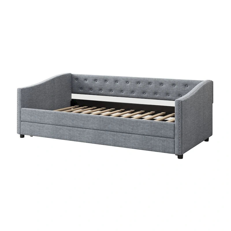 Lit de repos double rembourré gris clair/gris foncé avec dossier capitonné, garniture en laiton et lit gigogne – 1 personne